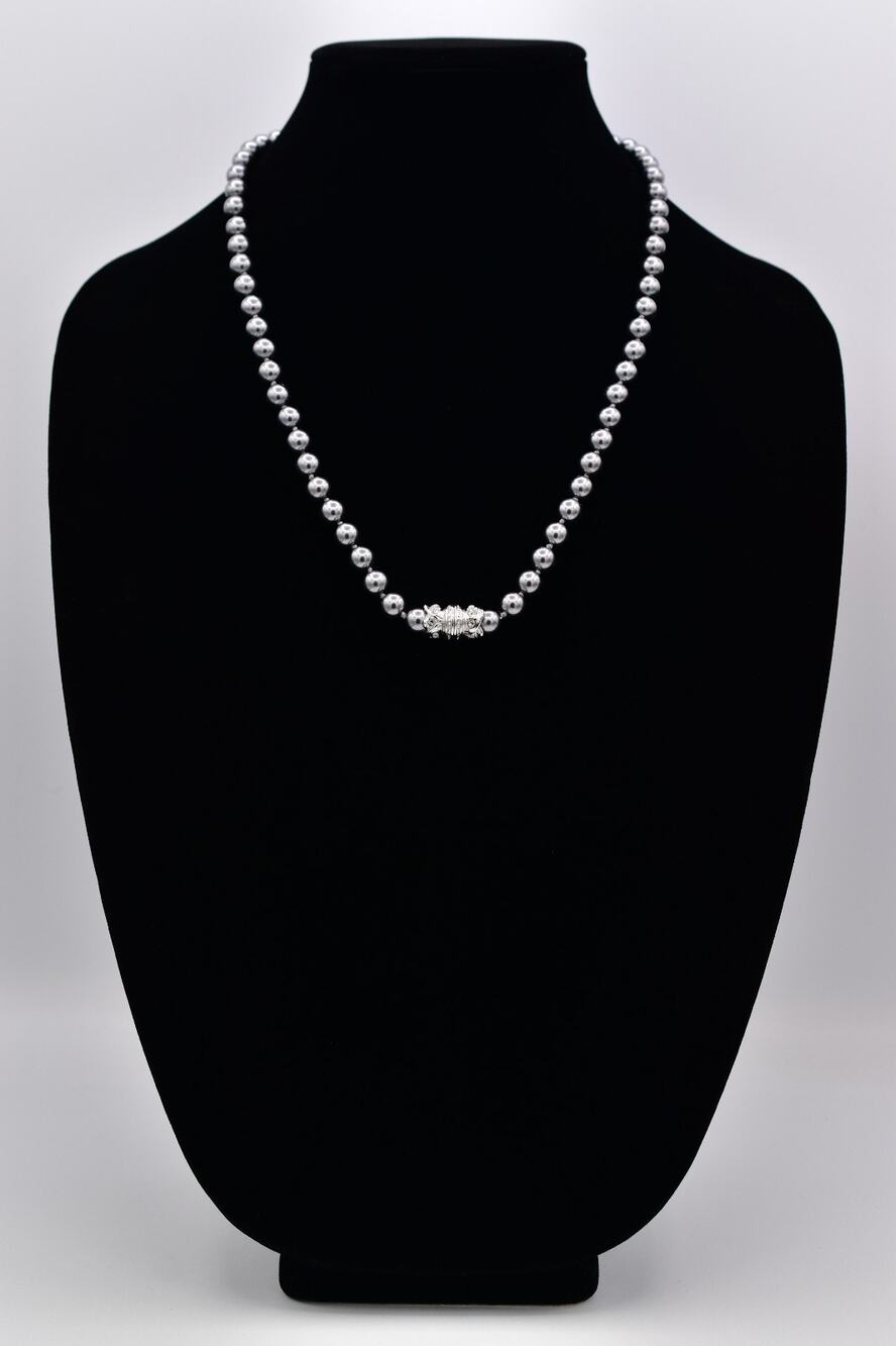 Nolan Miller Vintage Gray Pearl Necklace Rhinestone Crystal Button Signed BinM